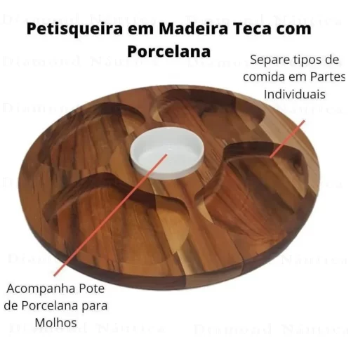 Petisqueira em Madeira Teca 4 Divisões com Porcelana 35x35cm
