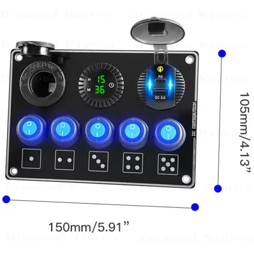 Painel Interruptor 5 Funções USB Voltímetro LED Azul 12 - 24 Volts